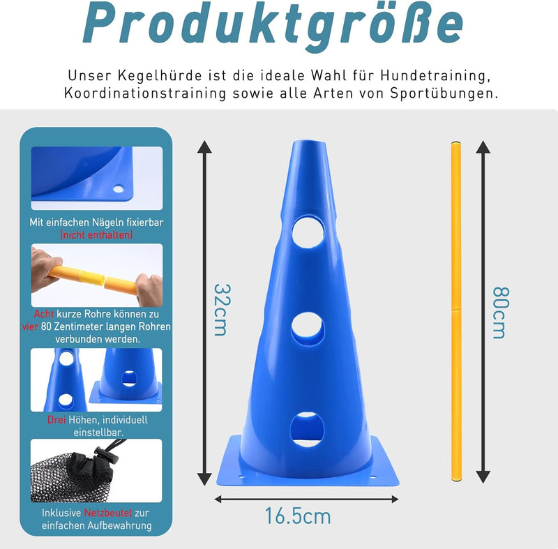 Load image into Gallery viewer, Agility hindernisset met 8 kegels en 8 verstelbare stangen 32 cm – hondentraining – sporthorden
