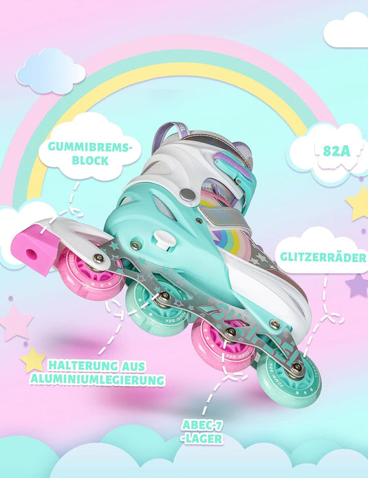 SULIFEEL Rainbow Unicorn Verstelbare zwarte rolschaatsen voor kinderen, met lichtgevende wielen, voor jongens