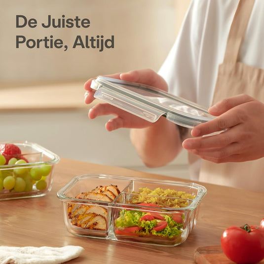 Glazen meal prep bakjes set van 2 met 3 vakken