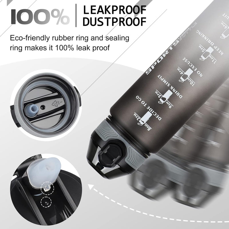 Load image into Gallery viewer, De 💧 BPA-vrije sportwaterfles van 1 liter – verleidelijkd, lekvrij en klaar voor elke dag 🏋️‍♀️ wordt demonstratie met close-up van lekvrije dop, afdichtring en tijdmarkeringen, plus info over de stof- en lekbestendige kenmerken.
