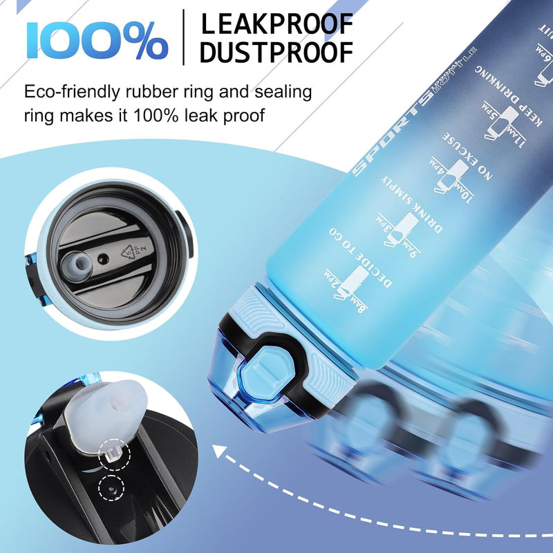 Load image into Gallery viewer, 💧 BPA-vrije sportwaterfles van 1 liter – verleidelijkd, lekvrij en klaar voor elke dag 🏋️‍♀️ met flip top, stof- en lekvrije afdichtring en duidelijke tijdmarkeringen die het eco-vriendelijke ontwerp ontwerp.
