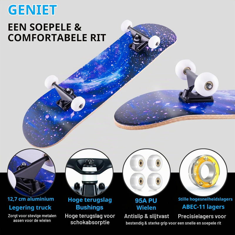 Laden Sie das Bild in Galerie -Viewer, Compleet skateboard 70 x 20 cm met 8-laags esdoorn deck en ABEC-11 lagers – double kick skateboard
