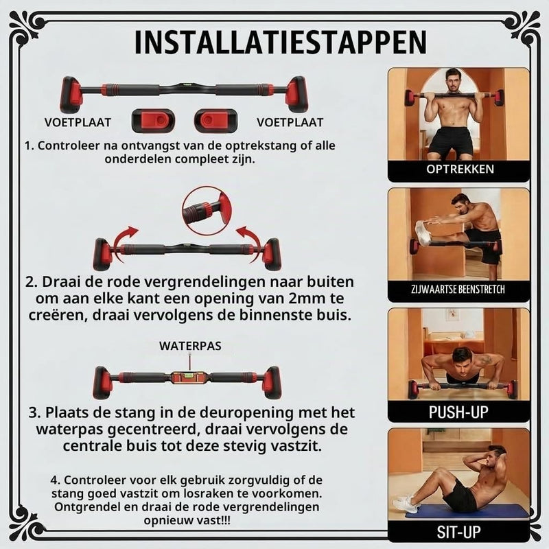 Laden Sie das Bild in Galerie -Viewer, Verstelbare optrekstang voor deurkozijn zonder boren tot 250 kg – pull-up bar – krachttraining
