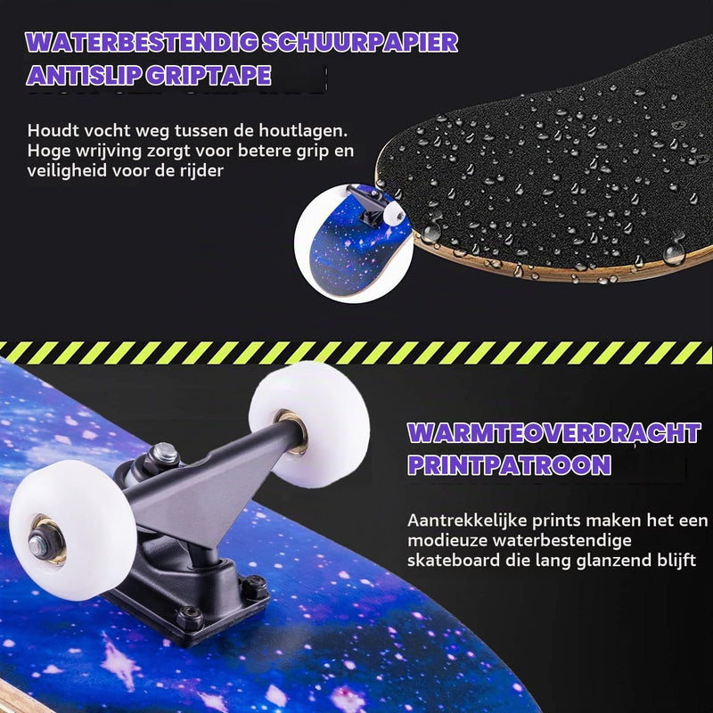 Laden Sie das Bild in Galerie -Viewer, Compleet skateboard 70 x 20 cm met 8-laags esdoorn deck en ABEC-11 lagers – double kick skateboard
