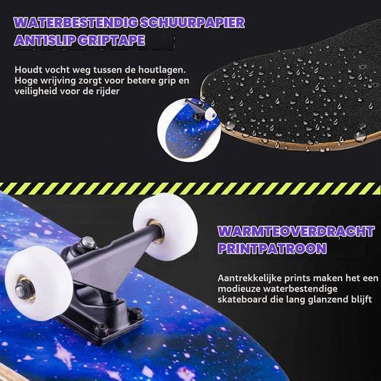 Compleet skateboard 70 x 20 cm met 8-laags esdoorn deck en ABEC-11 lagers – double kick skateboard