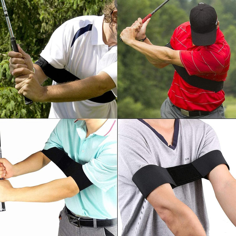 Laad afbeelding in Galerijviewer, Vier golfers, elk gekleed in een 2-delige &quot;Verbeter jouw golfspel&quot; golfswingtrainer houding correctiebandenset, demonstreren verschillende golfswingposities.
