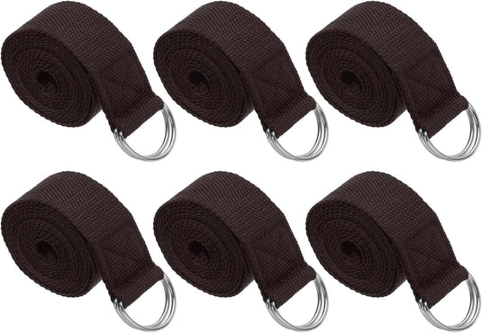 Yogariemen 6 stuks 180 x 3,8 cm van katoen met D-ring bruin – stretchbanden – yoga pilates accessoires