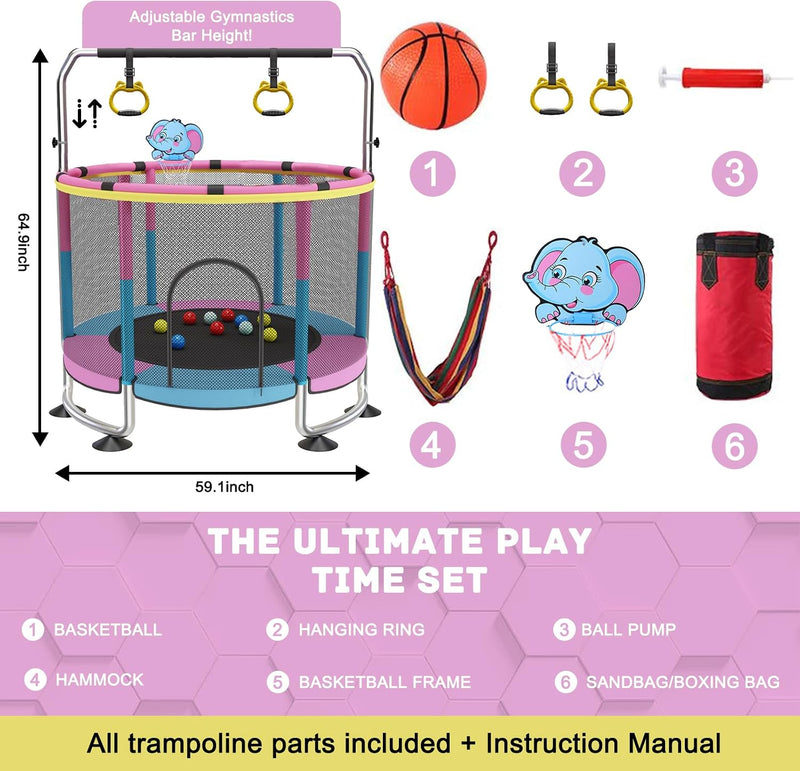 Załaduj obraz do przeglądarki galerii, Kindertrampoline 150 cm met veiligheidsnet schommel en basketbalmand roze – trampoline – indoor outdoor
