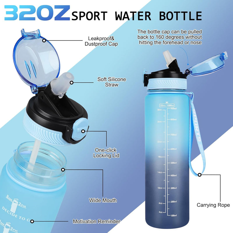 Load image into Gallery viewer, 💧 BPA-vrije sportwaterfles van 1 liter – verleidelijkd, lekvrij en klaar voor elke dag 🏋️‍♀️ met tijdmarkeringen, een brede opening, zacht siliconenrietje, one-click vergrendelbare dop en handig draagkoord.
