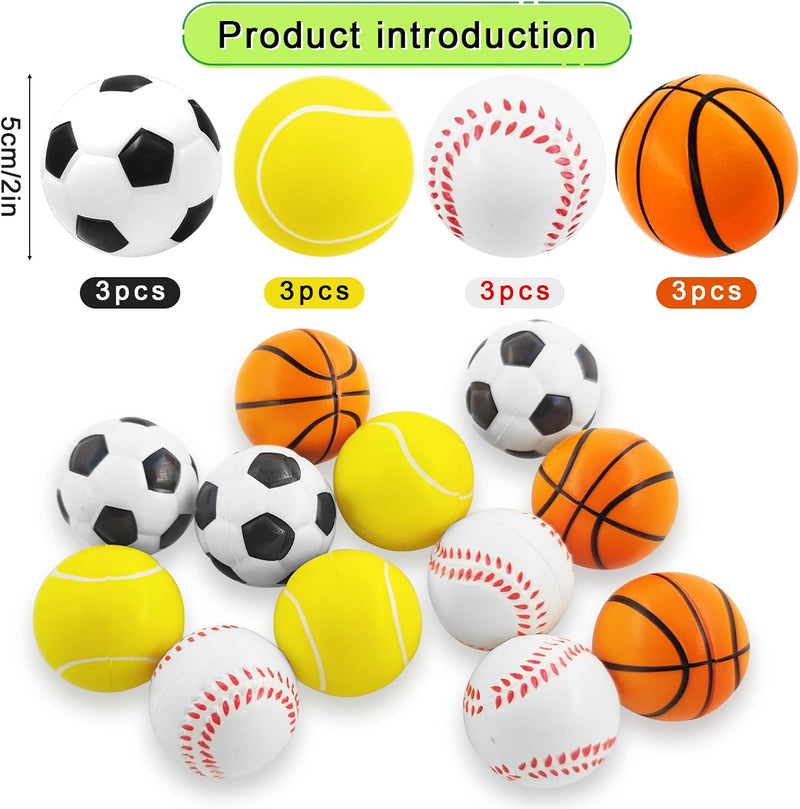 Załaduj obraz do przeglądarki galerii, Mini sportballen 12 stuks zachte stressballen 5 cm – voetbal basketbal tennis en honkbal
