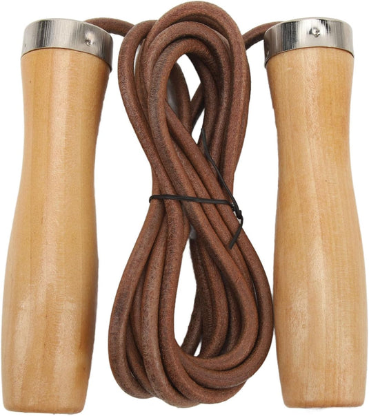 Verstelbaar leren springtouw met houten handgrepen