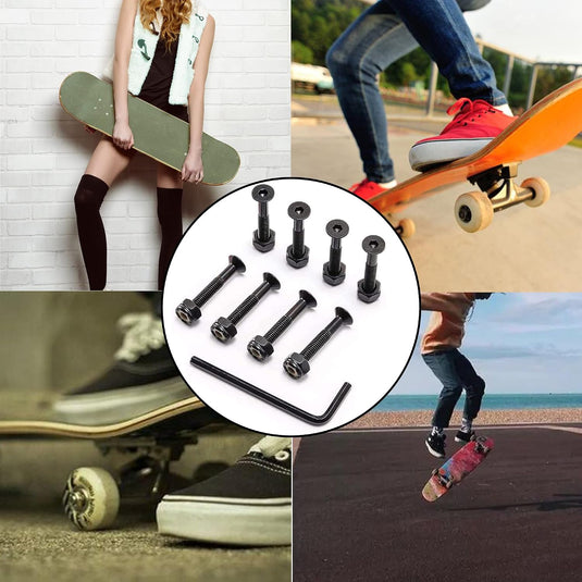 Skateboard schroeven met moeren en sleutel 8 stuks zwart – truck montagebouten – skate accessoires