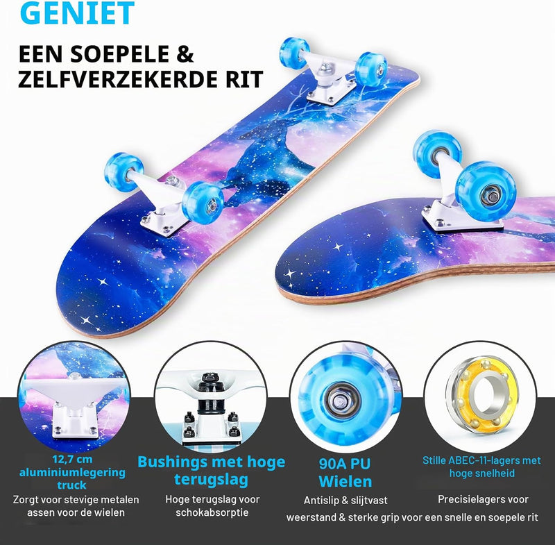 Laden Sie das Bild in Galerie -Viewer, Compleet skateboard 70 x 20 cm met 8-laags esdoorn deck en ABEC-11 lagers – double kick skateboard
