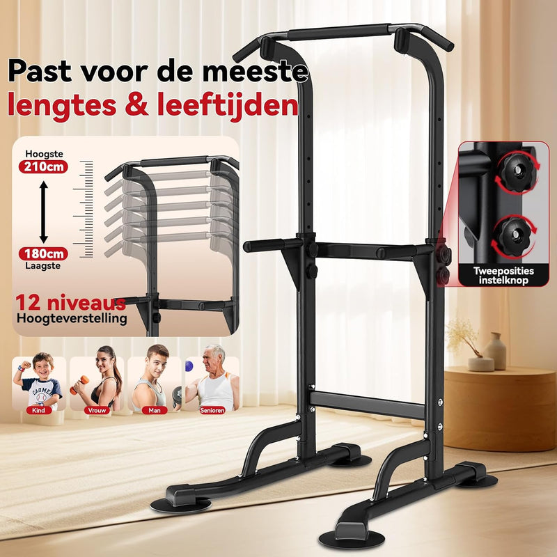 Laad afbeelding in Galerijviewer, Verstelbare power tower 4-in-1 met optrekstang en dipstation tot 120 kg – krachtstation – fitnessrek
