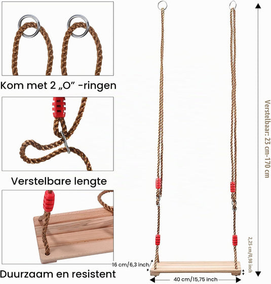 Trapezeschommel met houten stang en gymnastiekringen tot 120 kg – turnringen – schommel accessoires