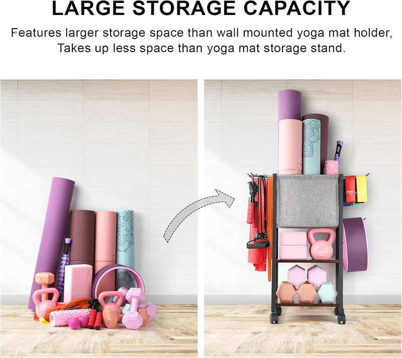 Load image into Gallery viewer, Yoga Mat Storage Rack, Multi-layer Yoga Mat Holder, Gym Equipment, Dumbbell Rack with Hooks and Wheels, Home Gym Workout Equipment Storage for Yoga Block Foam Roller Kettlebell Yoga Strap and Resistance Bands

