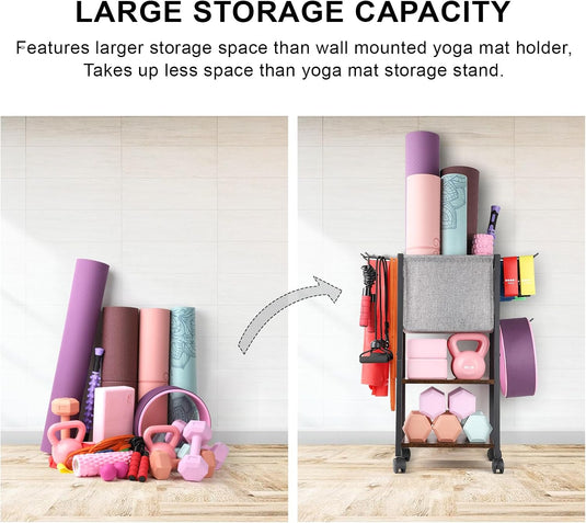 Yoga Mat Storage Rack, Multi-layer Yoga Mat Holder, Gym Equipment, Dumbbell Rack with Hooks and Wheels, Home Gym Workout Equipment Storage for Yoga Block Foam Roller Kettlebell Yoga Strap and Resistance Bands