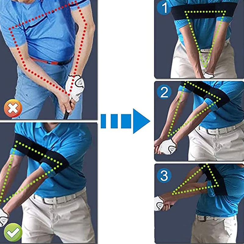 Laad afbeelding in Galerijviewer, Met de &quot;Verbeter jouw golfspel met onze 2 stuks golf swing trainer houding correctie band set&quot; verbetert u uw golfswing met trainers die de armposities markeren: onjuist in rode stippellijnen, correct in groen en bevat genummerde stappen aan de zijkant voor betere houdingscorrectietechnieken.
