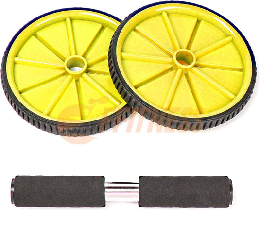 Ab roller met dubbele wielen handgrepen en kniemat geel – buikspiertrainer – ab wheel