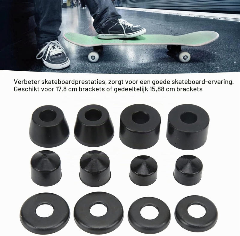 Chargez l'image dans la visionneuse de la galerie, Skateboard bushings 85A 12-delige rebuild set zwart – PU stuurrubbers – longboard skateboard accessoires
