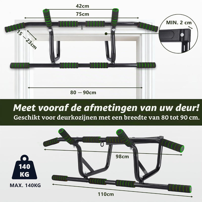 Load image into Gallery viewer, Optrekstang voor deurkozijn zonder boren tot 200 kg met antislip handgrepen – pull-up bar – krachttraining
