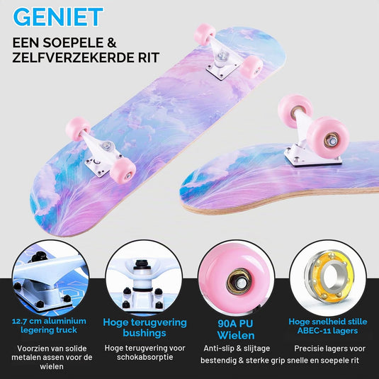 Compleet skateboard 70 x 20 cm met 8-laags esdoorn deck en ABEC-11 lagers – double kick skateboard