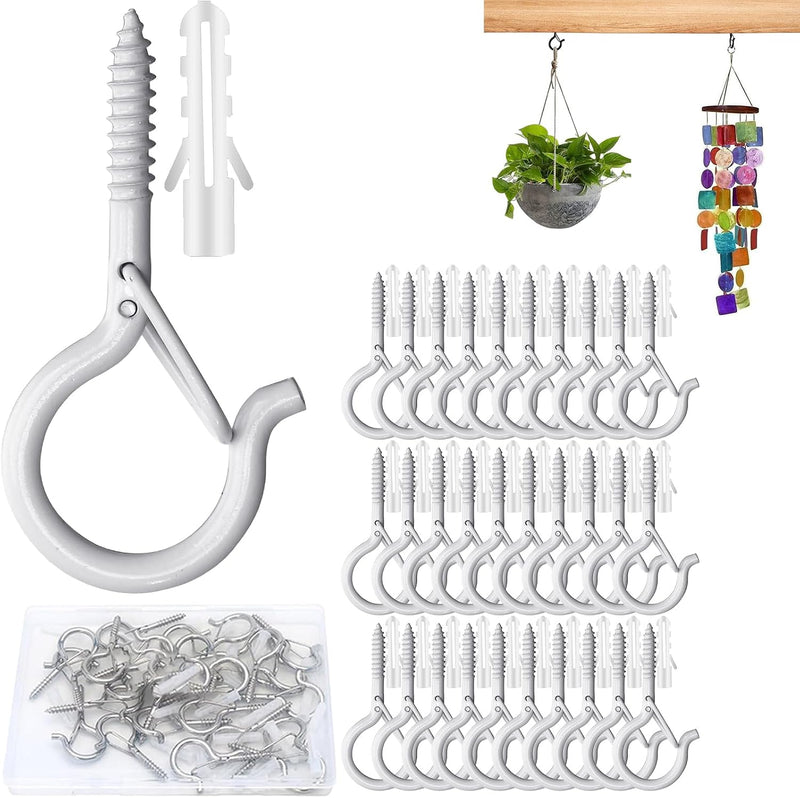 Chargez l'image dans la visionneuse de la galerie, 30 stuks schroefhaken, plafondhaken met veiligheidsgesp, metalen haken voor het ophangen van planten, vogelhuisjes, windgong, bevestiging van kerstverlichting buiten (Goud)
