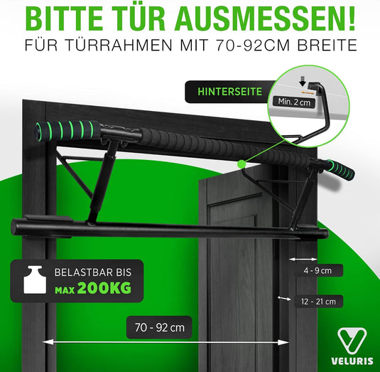 Veluris Optrekstang voor deurkozijnen - Zware optrekstang [tot 200 kg] - Deurstang zonder montage - 20 cm hoger in het kozijn - Ook voor dips en push-ups (rond)
