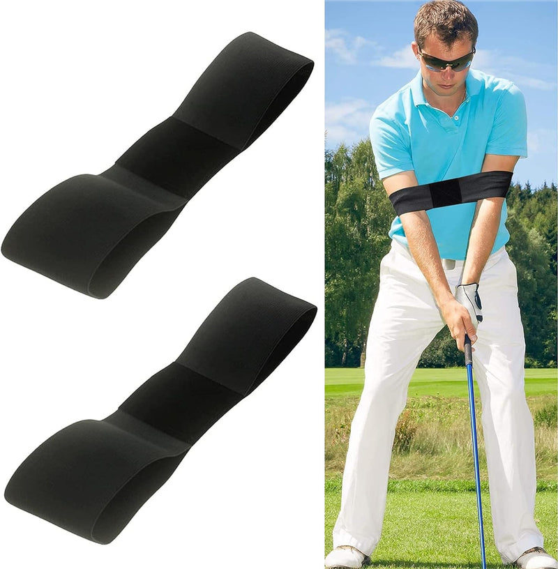 Laad afbeelding in Galerijviewer, Een man in een blauw shirt en witte broek zwaait sierlijk met een golfclub, waarbij hij een zwarte armband uit de &quot;Verbeter jouw golfspel met onze 2 stuks golf swing trainer houding correction band set!&quot; gebruikt om zijn techniek te verbeteren. Links worden twee identieke zwarte elastieken getoond als trainers.
