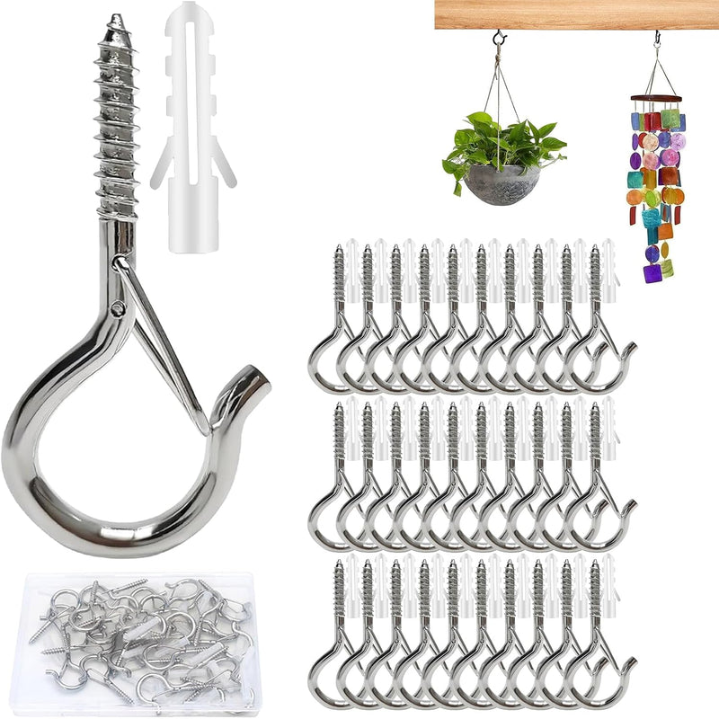 Chargez l'image dans la visionneuse de la galerie, 30 stuks schroefhaken, plafondhaken met veiligheidsgesp, metalen haken voor het ophangen van planten, vogelhuisjes, windgong, bevestiging van kerstverlichting buiten (Goud)
