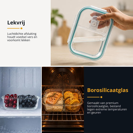 Glazen meal prep bakjes set van 5 met 2 vakken
