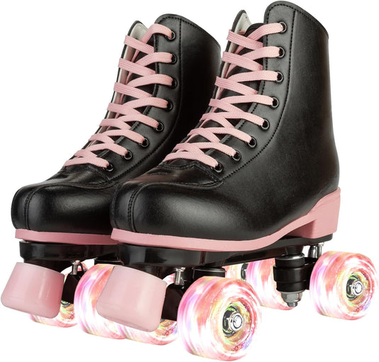 Rolschaatsen voor vrouwen meisjes zwarte roller derby skates volwassen dubbele rij lichtgevende schaatsen voor jeugd volwassen beginner (Eur 99-24 cm - UK: Dames 5,5 / Heren 5)