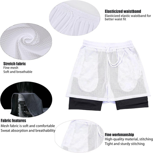 Shorts heren 2-in-1 trainingsshorts zomer korte broek sneldrogende hardloopshort sportbroek met zakken compressieshort