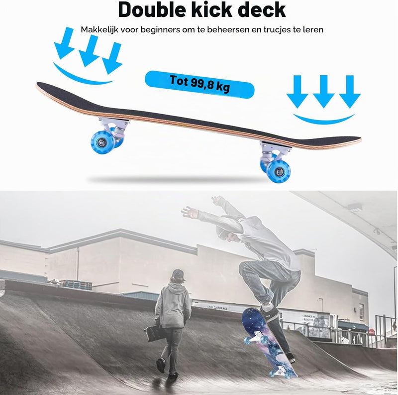 Laden Sie das Bild in Galerie -Viewer, Compleet skateboard 70 x 20 cm met 8-laags esdoorn deck en ABEC-11 lagers – double kick skateboard
