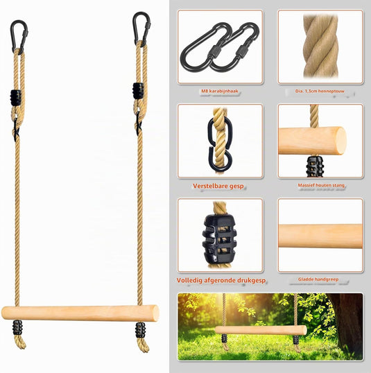 Drewniany drążek trapezowy dla dzieci 42 cm z regulowanymi linami do zawieszenia – huśtawka gimnastyczna – sprzęt do zabawy
