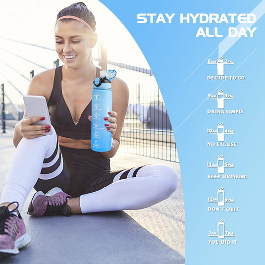 Een vrouw in sportkleding zit buiten, houdt een 💧 BPA-vrije sportwaterfles van 1 liter vast – geïnspireerd, lekvrij en klaar voor elke dag 🏋️‍♀️ en kijkt op haar telefoon, met een grafiek naast haar met herinneringen aan de hydratatie per uur: "Blijf de hele dag gehydrateerd.