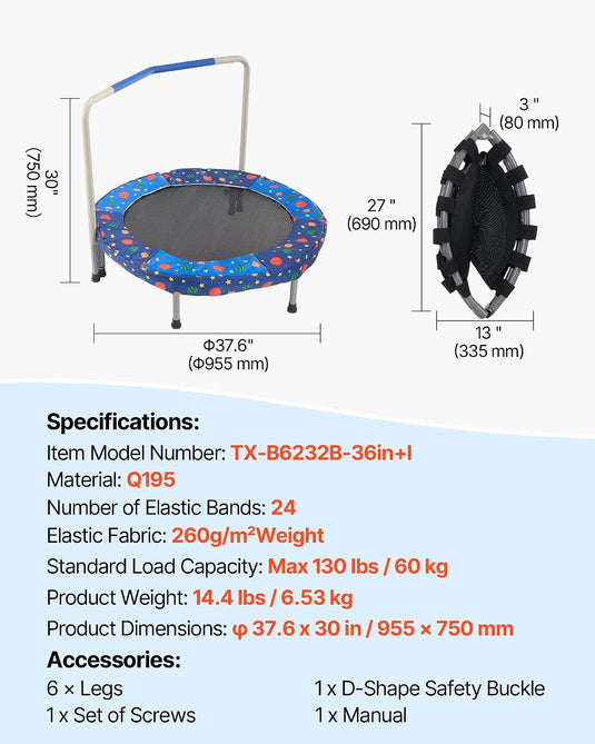 Kindertrampoline 91 cm opvouwbaar met handgreep en antislip poten – mini trampoline – indoor trampoline