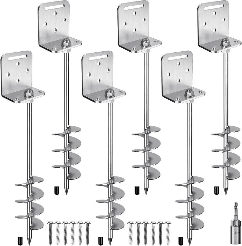 Laad afbeelding in Galerijviewer, Grondankers 6 stuks 60 cm heavy duty met L-beugels en booradapter – trampoline ankers – stormankers
