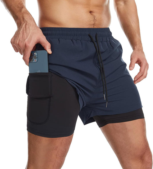 Sportshort heren 2-in-1 met compressiebroek en zakken met ritssluiting – hardloopbroek – fitnesskleding