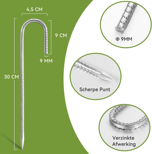 Grondankers 6 stuks 30 cm met J-haak van verzinkt staal – trampoline haringen – stormankers
