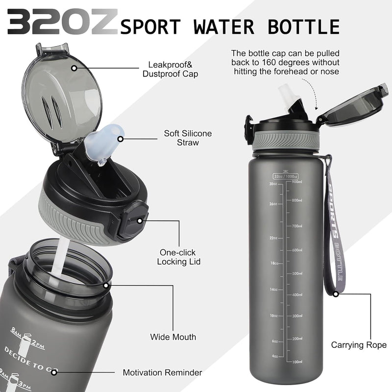 Load image into Gallery viewer, Gelabeld diagram van de 💧 BPA-vrije sportwaterfles van 1 liter – prikkeld, lekvrij en klaar voor elke dag 🏋️‍♀️ met lekvrije dop, siliconen rietje, vergrendelbaar deksel, brede mond, tijdmarkeringen, maatmarkeringen en draagkoord.
