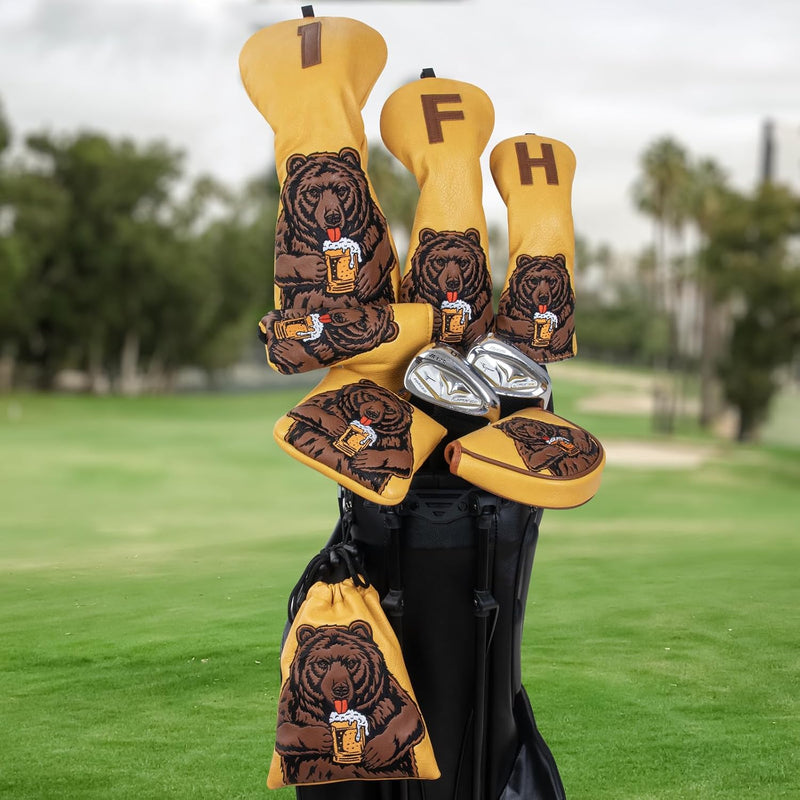 Load image into Gallery viewer, Golfclub beschermhoes met bierdrinkende beer borduurwerk voor drivers tot 460cc – driver headcover – golfartikelen
