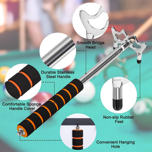 Biljartkeu Uitschuifbare Biljartkeu met 3 stuks Afneembare Messing Brug Hoofd Brug Houder Biljart Accessoires voor Biljarttafel, Snooker, Spel, Wedstrijd (Zilver)