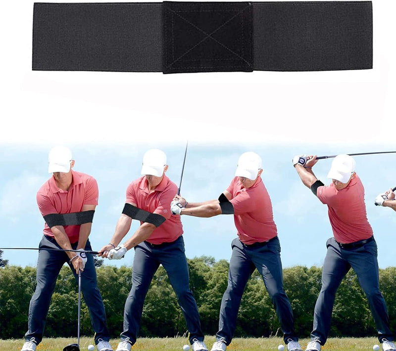 Laad afbeelding in Galerijviewer, Een golfer in een rood shirt demonstreert een swing, waarbij hij een zwarte houdingcorrectieband gebruikt om de armpositie te behouden. Een heldere lucht en een boomgrens vormen de achtergrond, wat de kunst van &quot;Verbeter jouw golfspel met onze 2 stuks golf swing trainer houdingcorrectiebandset&quot; met precisie en gratie belichaamt.
