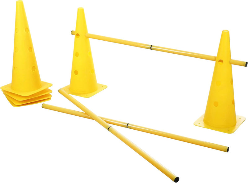 Load image into Gallery viewer, Agility horden set met 6 pylonen en 3 verstelbare stangen geel – hondentraining – behendigheidsset
