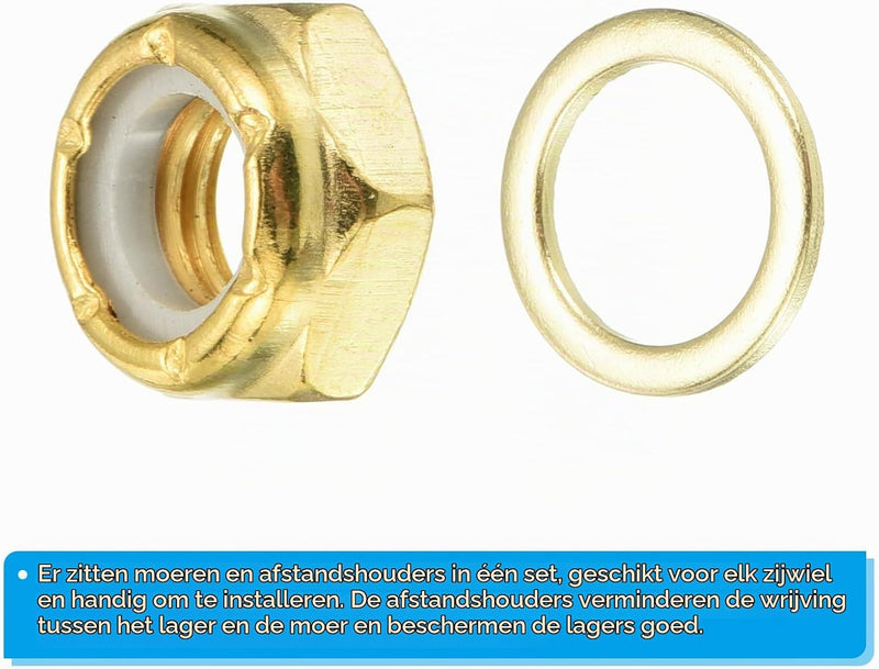 Laad afbeelding in Galerijviewer, Skateboard borgmoeren set 5/16 inch goud – asmoeren washers en spacers – longboard accessoires
