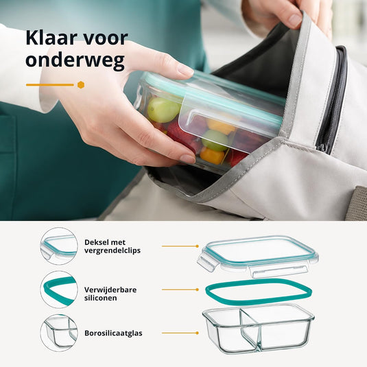 Glazen meal prep bakjes set van 5 met 2 vakken