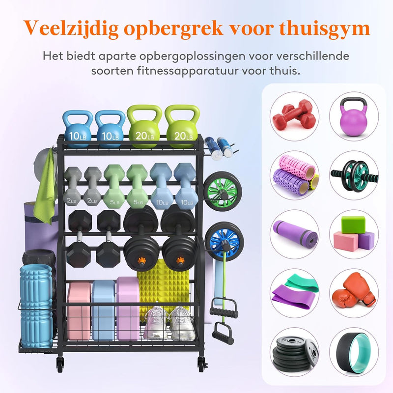 Laden Sie das Bild in Galerie -Viewer, Home gym opbergrek met wielen voor dumbbells en fitnessaccessoires
