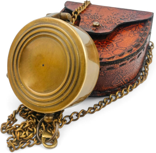 Messing Pocket Kompas Handgemaakte Volledig Functionele Antieke Nautisch Steampunk Kompas, Graveerbaar Met Lederen Case.