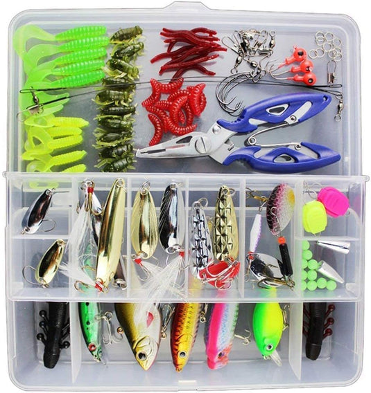 Kunstköder-Set mit 120 Teilen, Spinnern, Softbaits und Hardbaits inklusive Aufbewahrungsbox – Raubfischköder – Angelzubehör